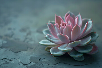 when the flowers of succulents bloom. On a solitary, gray background, pink blossoms.