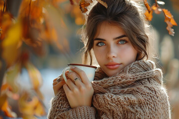 Young, attractive woman by herself. A sentimental portrait in an autumnal setting. Girl with a cup of hot beverage, gazing away.