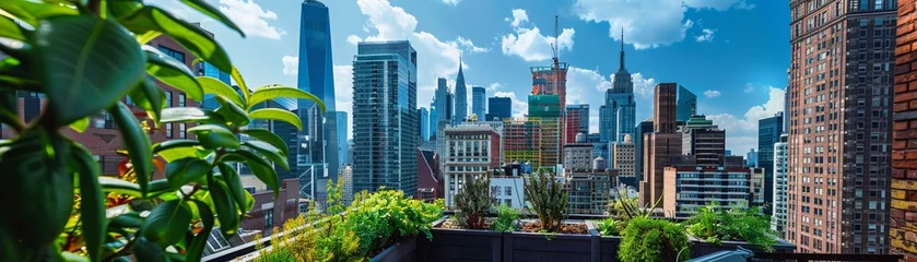 Badkamer foto achterwand Urban gardening seminar, rooftop greening tips, Earth Day focus, city skyline view © TheFlyingWeed