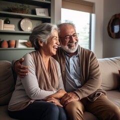An elderly couple is sitting on a couch and smiling.