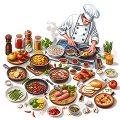 A bustling kitchen scene with a chef preparing various dishes, with an array of colorful ingredients and cooking utensils spread out isolated on white background, photo, png
