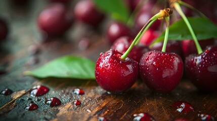 Close up of fresh Cherries on a rustic wooden Table