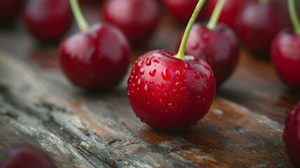 Close up of fresh Cherries on a rustic wooden Table