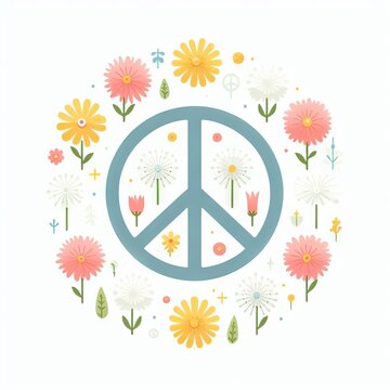 Retro 60s 70s floral symbol of peace, no war. Hippie style, pacifism icon. 
Groove flowers peace symbol for print


