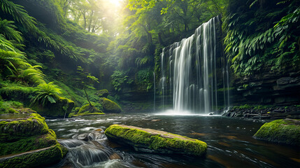 A waterfall surrounded by greenery, with moss-covered rocks and trees - Powered by Adobe