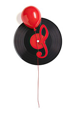 record music disc award, face view, white background, 2D, no shadows, black center, semi realistic red balloon in the shape of a music eighth note