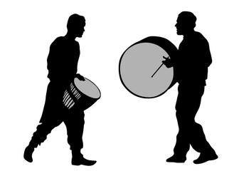 Man with a big drum in his hand on white background - 771368872