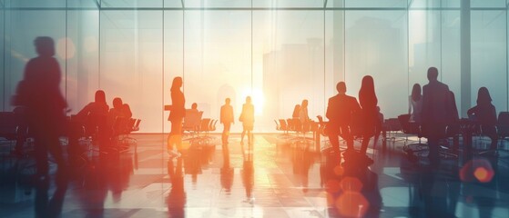 Obraz premium Group of people having a meeting in an office, The background is a white and blurred image of the office interior, Businesspeople are working in the office with a blurred background, Business concept