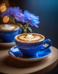 Latte Art served in a Gorgeous Blue Porcelain Coffee Cup and soft focused Chrysanthemum flowers in the background