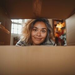 portrait of a woman opening a box
