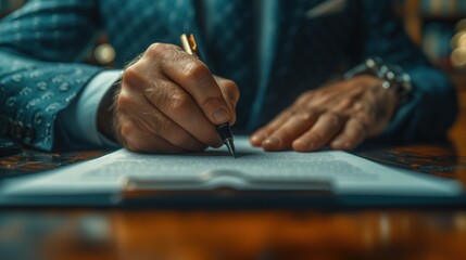 man writing with pen close up