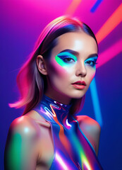 High Fashion model girl in colorful bright UV lights posing in studio, portrait of beautiful woman with trendy make-up and manicure. Art design, colorful make up. Over colourful background,