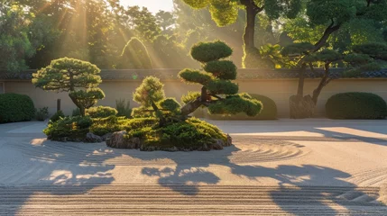 Badkamer foto achterwand A beautiful sunrise illuminates a Japanese Zen garden, highlighting the elegant forms of meticulously maintained bonsai trees. Resplendent. © Summit Art Creations
