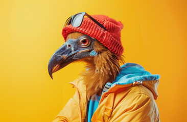 Sarcastic, funny animal concept, a full body shot of large wild bird dressed as a street hipster boy go to school in September, vivid colors