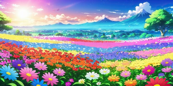 Colorful flowers field scenery, summer meadow, a landscape of tranquility.