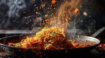 A fiery explosion of spices and pasta captures a vibrant stir-fry in action, with steam and ingredients dancing in the air above a hot pan.