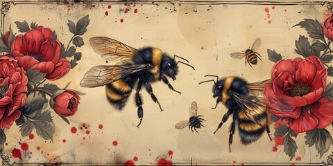 Hand-drawn bees and flower on vintage wallpaper, surrounded by complex floral designs, evoking a sense of nostalgia and charm. - obrazy, fototapety, plakaty