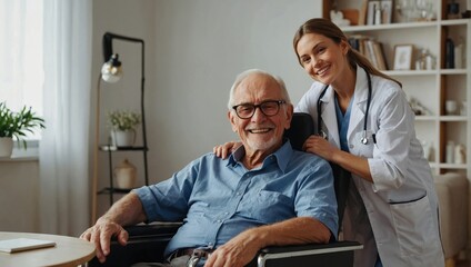 elderly man sitting next to doctor - obrazy, fototapety, plakaty