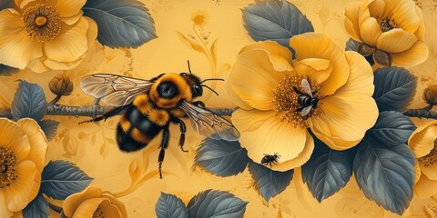 Hand-drawn bees and flower on vintage wallpaper, surrounded by complex floral designs, evoking a sense of nostalgia and charm. - obrazy, fototapety, plakaty
