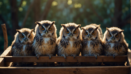cute smart baby owls parched and sitting close together in a row and looking at the viewer with dignity