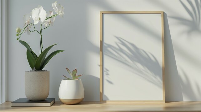 Frame wooden mockup, orchid flower pot and book. Home interior, close-up, 3D rendering