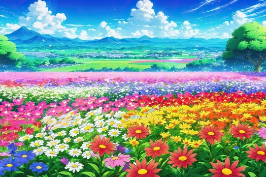 Colorful flowers field scenery, summer meadow, a landscape of tranquility.