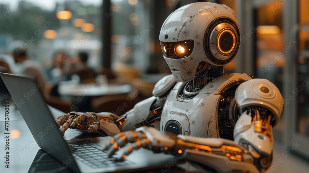 Wall mural humanoid robot working on a computer