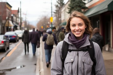 Obraz premium portrait of a young woman smiling with blurred background of a busy urban street with people walking