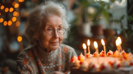 elderly woman with birthday cake - obrazy, fototapety, plakaty