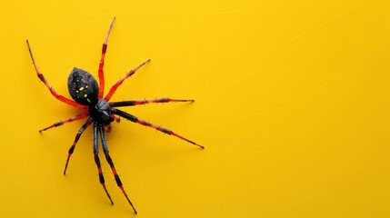 Red widow spider on a yellow background. Dangerous insect. - obrazy, fototapety, plakaty