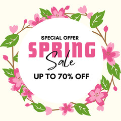 Floral spring design with pink flowers, green leaves.. Round shape with space for text. Banner or flyer sale template, vector illustration.