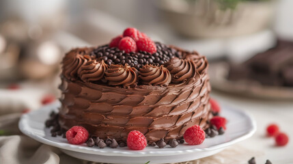 Chocolate cake with raspberries and chocolate frosting, sweet food, fruit, freshness, table