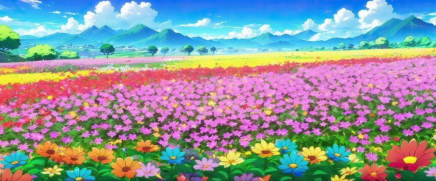 Colorful flowers field scenery, summer meadow, a landscape of tranquility.