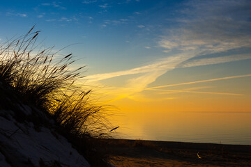 A beautiful early spring landscape of Baltic Sea beach with grass silhouettes against the colorful sky. Natural scenery of Northern Europe.