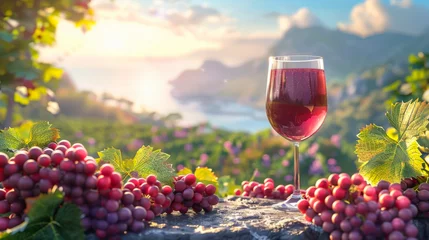 Fotobehang Glass of wine with grapes fruits in sunlight and wine grape farm, vineyard mountain background. © torjrtrx