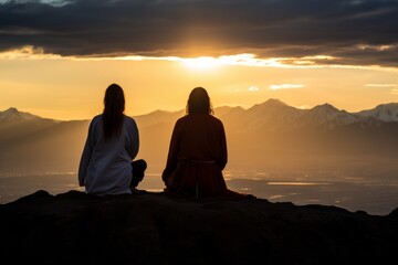 Two People Meditating on a Mountaintop at Sunset - obrazy, fototapety, plakaty