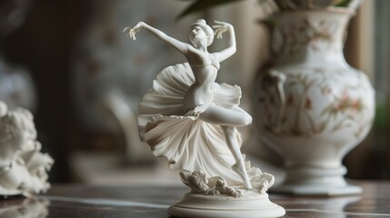 Delicately crafted porcelain figurine depicting a graceful ballerina, a charming addition to a mantelpiece.