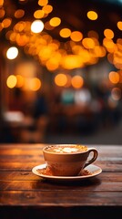 Cappuccino in a ceramic cup on a wooden table with a blurred background of city lights.