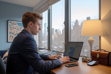 Young male professional working from home using laptop computer