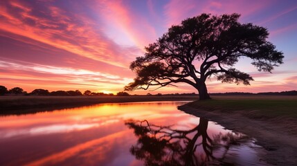 Fototapeta na wymiar Savanna landscape with a large tree at sunset