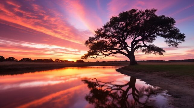 Savanna landscape with a large tree at sunset