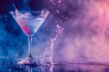 martini cocktail in splashes of water and fog. The concept of cocktails in nightclubs.
