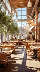 Fototapeta premium Elegant restaurant interior with large windows and wooden tables and chairs