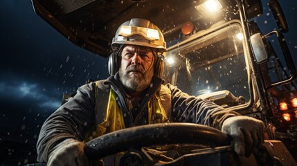 Portrait of a male construction worker wearing a hard hat and safety vest while operating heavy machinery in a mine.
