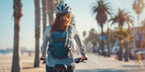 Rear view of a girl cyclist along the coast of a tourist city. Generative AI. - obrazy, fototapety, plakaty