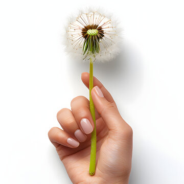 Hand holding a dandelion isolated on white background, cinematic, png
