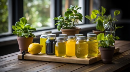 jars of colorful liquid on a wooden table