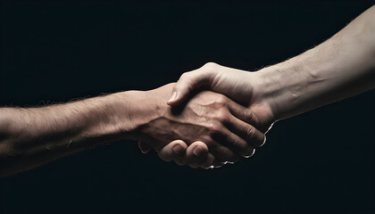 Close up two mana shaking hand on dark background - obrazy, fototapety, plakaty
