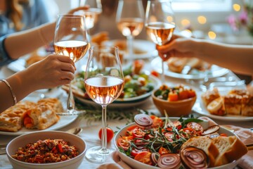 Friends Enjoying a Festive Dinner Party with Wine and Multiple Dishes, Toasting Glasses over a...