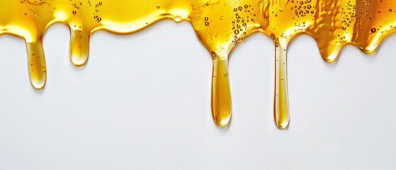 Food photography - Abstract healthy golden yellow shiny liquid honey flowing down, drip down, isolated on white background banner panorama long, dripping honey texture.